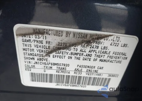 2011 Infiniti G37 Journey from USA, damaged, VIN JN1CV6AP6BM507920